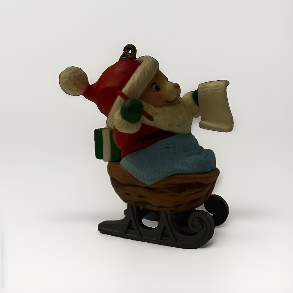 Vintage Melvin Merry Mouse Christmas Ornament Riding Almond Shell Sled 1983 Avon